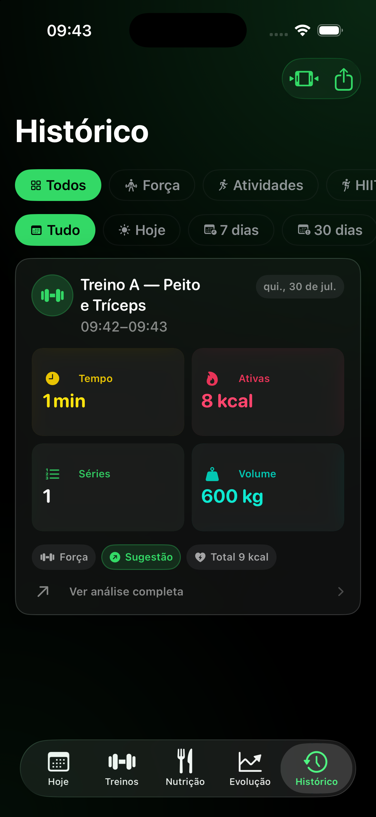 Tela Histórico — Sessões e filtros de acompanhamento