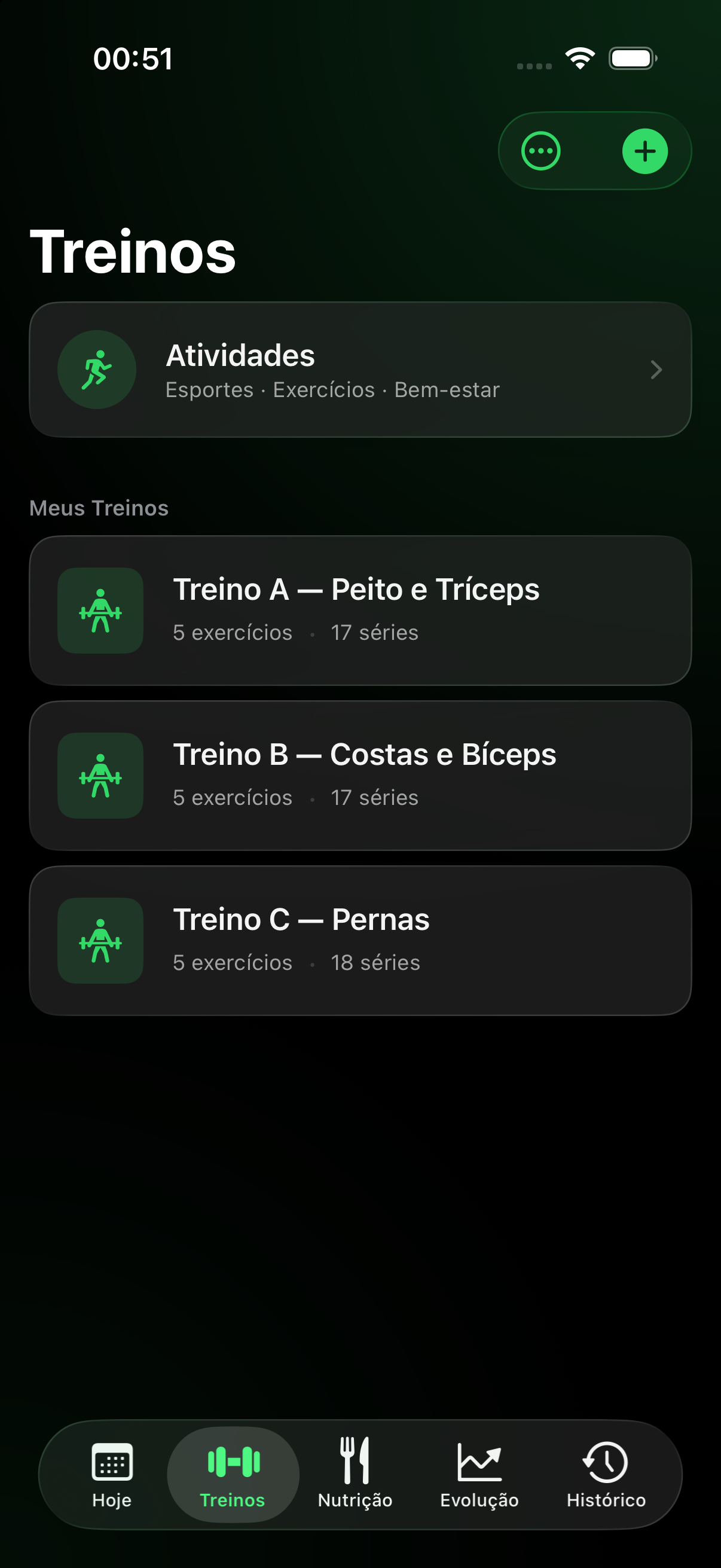 Tela Treinos — Biblioteca de treinos e atividades